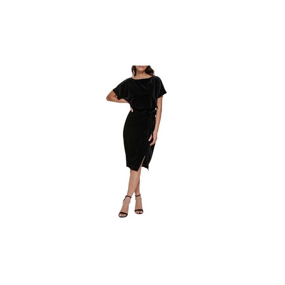 KENSIE DRESSES Womens Black Belted Studded Lined Short Sleeve Sheath Dress  XXL